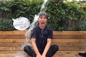 Benedict Cumberbatch getting ice water poured onto his head for the ALS Ice Bucket Challenge