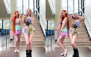 Video stills of KPop stars Sunmi and Nayeon dancing the Pop challenge