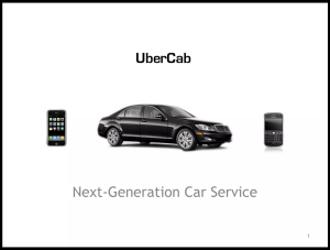 A slide from Uber's pitch deck. It features a black car positioned between two mobile phones, titled UberCab. The subheading reads "Next-Generation Car Service."