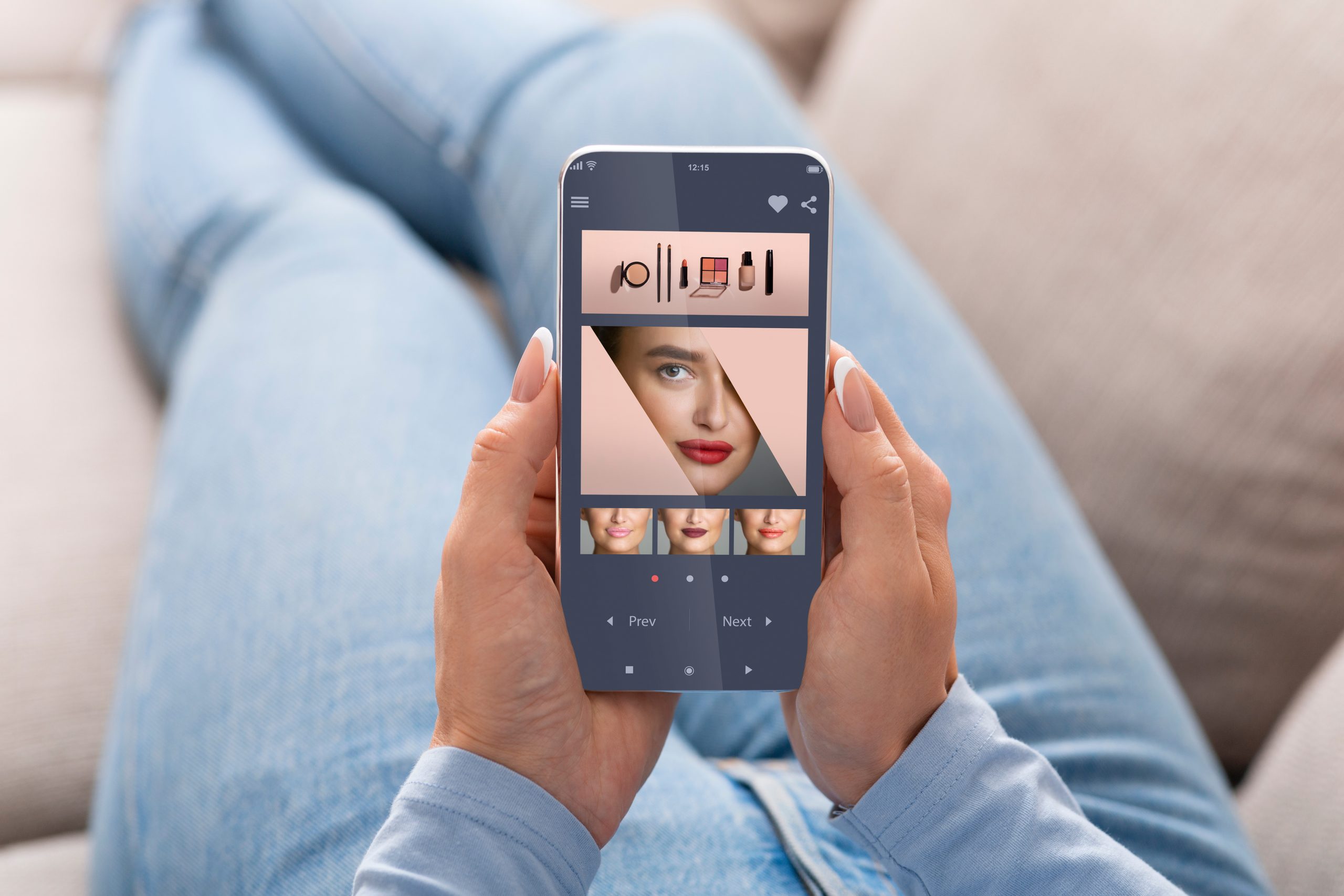 Augmented Reality Beauty App. Pov Of Woman Trying Different Lipstick Color Online On Smartphone, Using Modern Application With AR Makeup Simulation, Creative Collage, Selective Focus